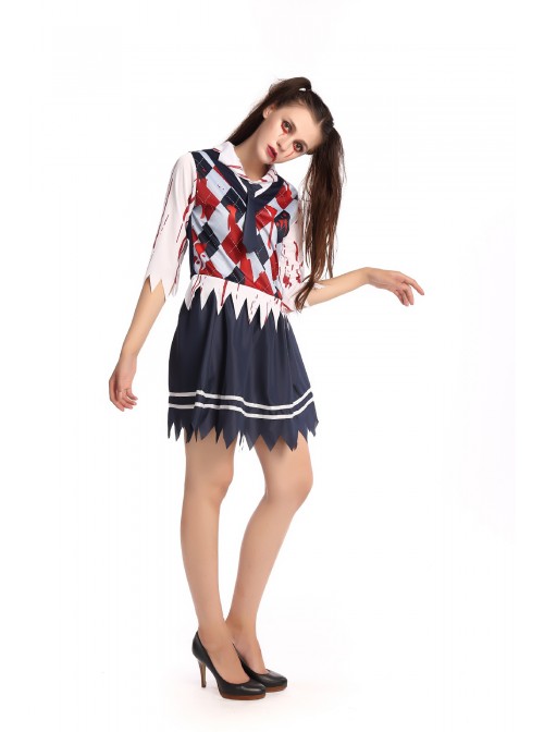 Bloody Gingham Top Blue Short Skirt Zombie Students Suit Halloween Vampire Demon Costume Female