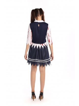 Bloody Gingham Top Blue Short Skirt Zombie Students Suit Halloween Vampire Demon Costume Female