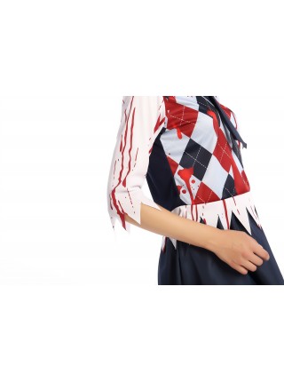 Bloody Gingham Top Blue Short Skirt Zombie Students Suit Halloween Vampire Demon Costume Female