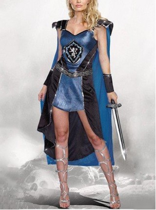 Blue-black Short Dress Long Cloak Set Simple Neat Handsome Halloween Pirate Warrior Costume Female