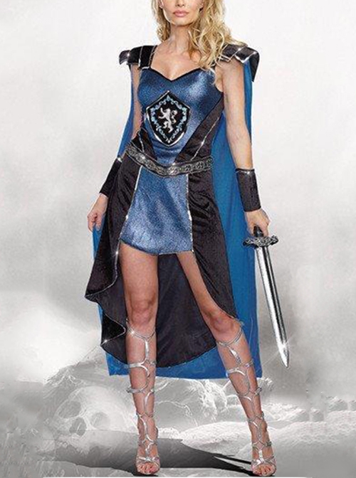 Blue-black Short Dress Long Cloak Set Simple Neat Handsome Halloween Pirate Warrior Costume Female