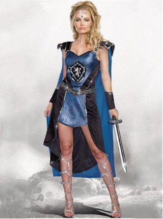 Blue-black Short Dress Long Cloak Set Simple Neat Handsome Halloween Pirate Warrior Costume Female