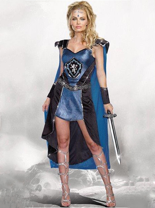 Blue-black Short Dress Long Cloak Set Simple Neat Handsome Halloween Pirate Warrior Costume Female