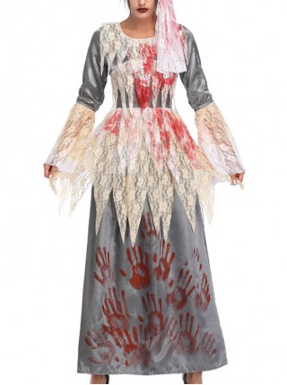 Grey Long Sleeve White Lace Bloody Hand Print Long Dress Horror Thriller Halloween Demon Zombie Vampire Costume Female