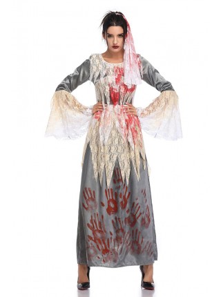 Grey Long Sleeve White Lace Bloody Hand Print Long Dress Horror Thriller Halloween Demon Zombie Vampire Costume Female