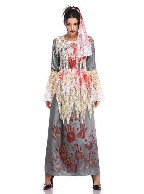 Grey Long Sleeve White Lace Bloody Hand Print Long Dress Horror Thriller Halloween Demon Zombie Vampire Costume Female