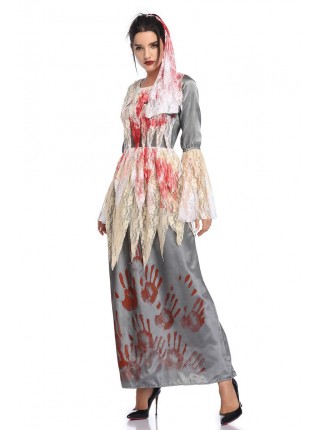 Grey Long Sleeve White Lace Bloody Hand Print Long Dress Horror Thriller Halloween Demon Zombie Vampire Costume Female