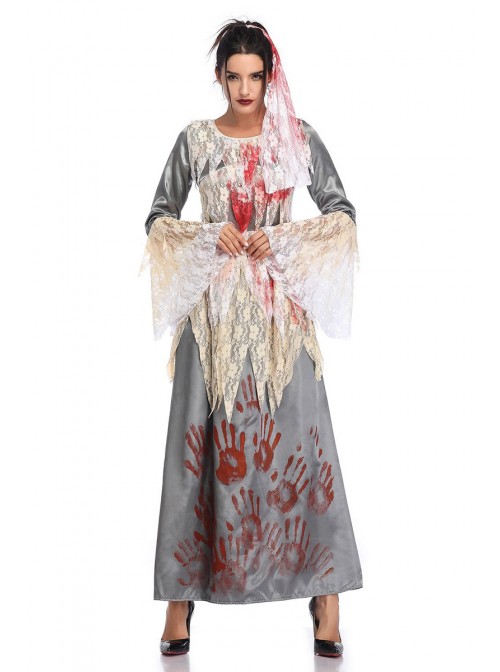 Grey Long Sleeve White Lace Bloody Hand Print Long Dress Horror Thriller Halloween Demon Zombie Vampire Costume Female