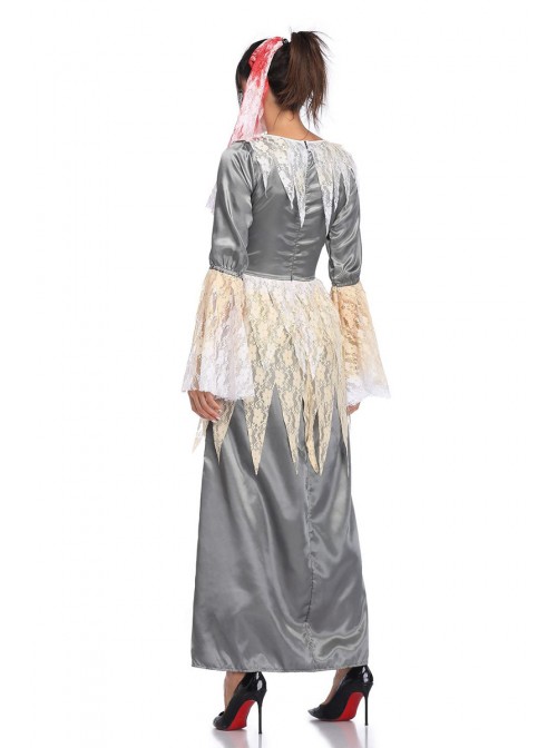 Grey Long Sleeve White Lace Bloody Hand Print Long Dress Horror Thriller Halloween Demon Zombie Vampire Costume Female