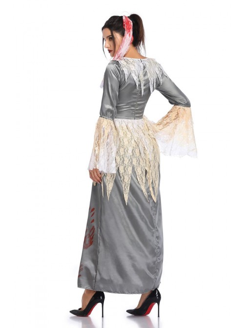 Grey Long Sleeve White Lace Bloody Hand Print Long Dress Horror Thriller Halloween Demon Zombie Vampire Costume Female