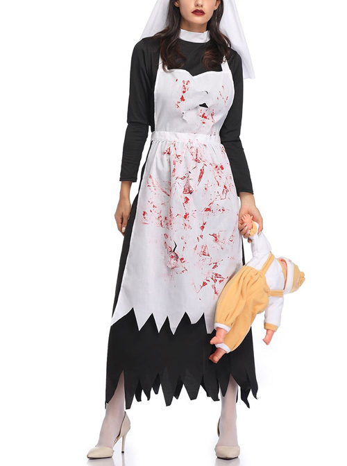 Horror Bloody Long White Apron Irregular Edge Black Long Sleeve Dress Set Halloween Zombie Vampire Ghost Nun Costume Female