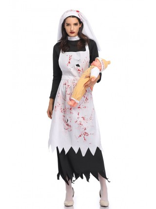 Horror Bloody Long White Apron Irregular Edge Black Long Sleeve Dress Set Halloween Zombie Vampire Ghost Nun Costume Female