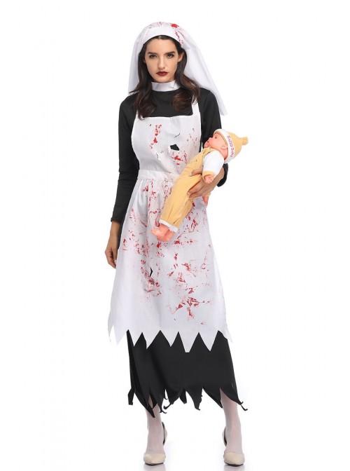 Horror Bloody Long White Apron Irregular Edge Black Long Sleeve Dress Set Halloween Zombie Vampire Ghost Nun Costume Female