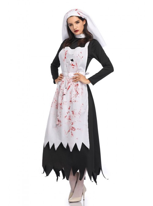 Horror Bloody Long White Apron Irregular Edge Black Long Sleeve Dress Set Halloween Zombie Vampire Ghost Nun Costume Female