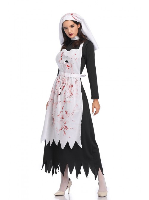 Horror Bloody Long White Apron Irregular Edge Black Long Sleeve Dress Set Halloween Zombie Vampire Ghost Nun Costume Female