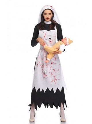 Horror Bloody Long White Apron Irregular Edge Black Long Sleeve Dress Set Halloween Zombie Vampire Ghost Nun Costume Female