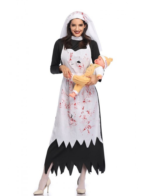 Horror Bloody Long White Apron Irregular Edge Black Long Sleeve Dress Set Halloween Zombie Vampire Ghost Nun Costume Female