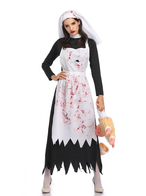 Horror Bloody Long White Apron Irregular Edge Black Long Sleeve Dress Set Halloween Zombie Vampire Ghost Nun Costume Female