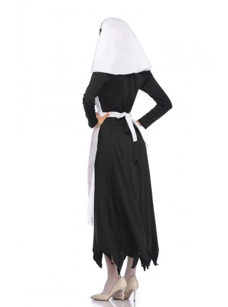 Horror Bloody Long White Apron Irregular Edge Black Long Sleeve Dress Set Halloween Zombie Vampire Ghost Nun Costume Female