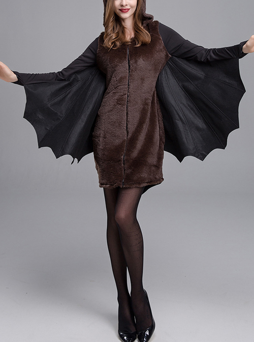 Gothic Autumn Short Elastic Slim Black Bat Shape Hooded Bodysuit Halloween Demon Earl Vampire Costume Female