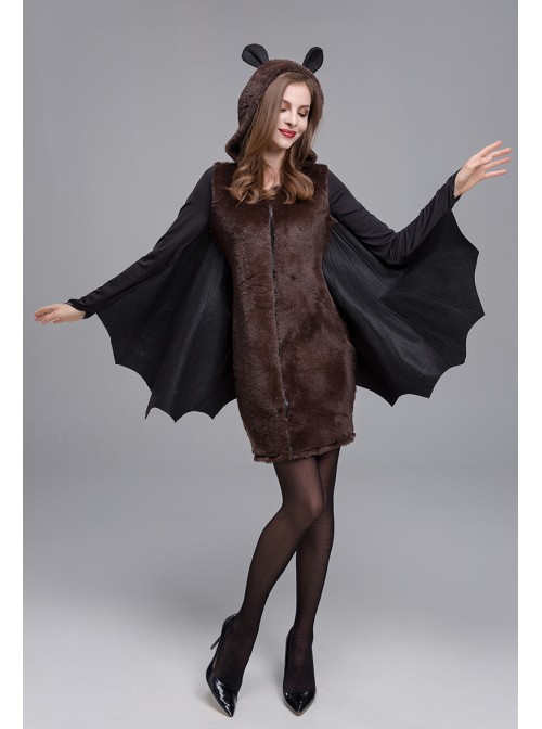 Gothic Autumn Short Elastic Slim Black Bat Shape Hooded Bodysuit Halloween Demon Earl Vampire Costume Female