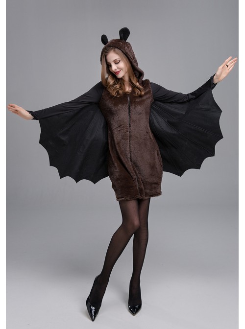 Gothic Autumn Short Elastic Slim Black Bat Shape Hooded Bodysuit Halloween Demon Earl Vampire Costume Female