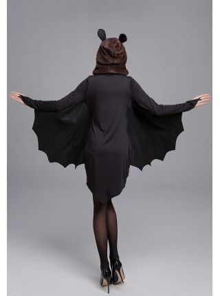 Gothic Autumn Short Elastic Slim Black Bat Shape Hooded Bodysuit Halloween Demon Earl Vampire Costume Female