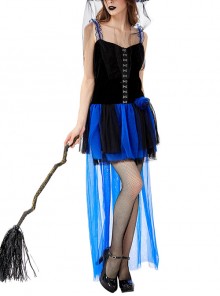 Klein Blue Noble Elegant Sling Lace Short Dress  Halloween Witch Magician Performance Costume Female