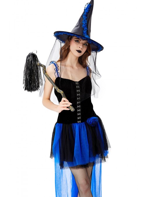 Klein Blue Noble Elegant Sling Lace Short Dress  Halloween Witch Magician Performance Costume Female