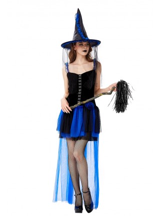 Klein Blue Noble Elegant Sling Lace Short Dress  Halloween Witch Magician Performance Costume Female