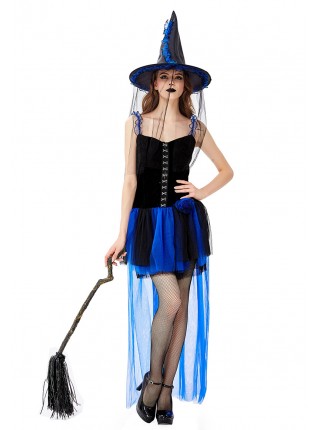 Klein Blue Noble Elegant Sling Lace Short Dress  Halloween Witch Magician Performance Costume Female