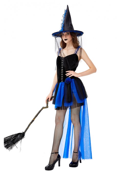 Klein Blue Noble Elegant Sling Lace Short Dress  Halloween Witch Magician Performance Costume Female