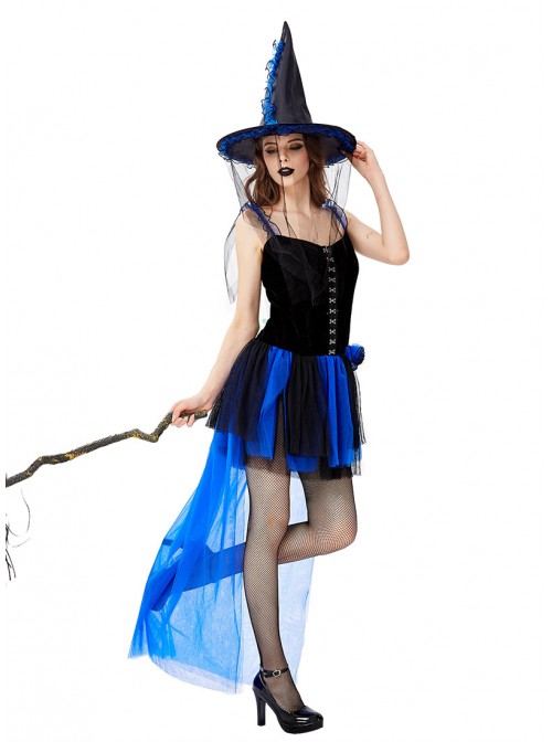 Klein Blue Noble Elegant Sling Lace Short Dress  Halloween Witch Magician Performance Costume Female