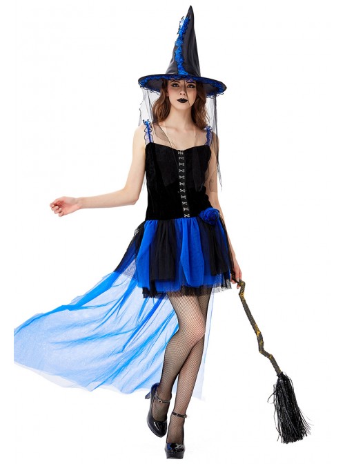 Klein Blue Noble Elegant Sling Lace Short Dress  Halloween Witch Magician Performance Costume Female