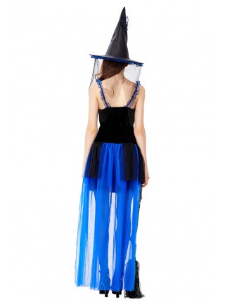 Klein Blue Noble Elegant Sling Lace Short Dress  Halloween Witch Magician Performance Costume Female