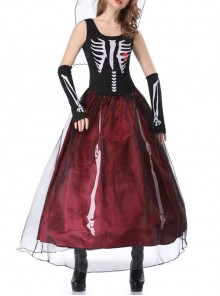 Black-red Sleeveless Skeleton Print High Waist Puffy Slim Long Dress Set Halloween Ghost Bride Witch Zombie Vampire Costume Female