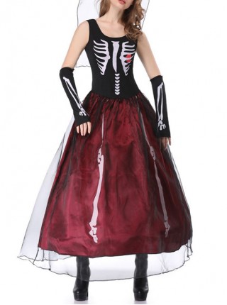 Black-red Sleeveless Skeleton Print High Waist Puffy Slim Long Dress Set Halloween Ghost Bride Witch Zombie Vampire Costume Female