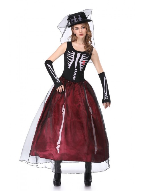 Black-red Sleeveless Skeleton Print High Waist Puffy Slim Long Dress Set Halloween Ghost Bride Witch Zombie Vampire Costume Female