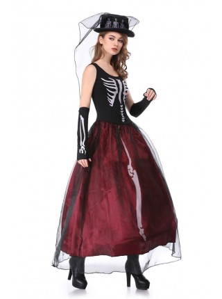 Black-red Sleeveless Skeleton Print High Waist Puffy Slim Long Dress Set Halloween Ghost Bride Witch Zombie Vampire Costume Female