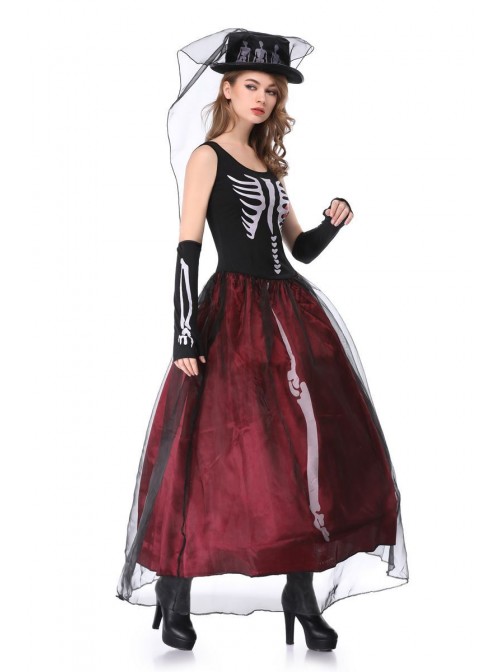 Black-red Sleeveless Skeleton Print High Waist Puffy Slim Long Dress Set Halloween Ghost Bride Witch Zombie Vampire Costume Female