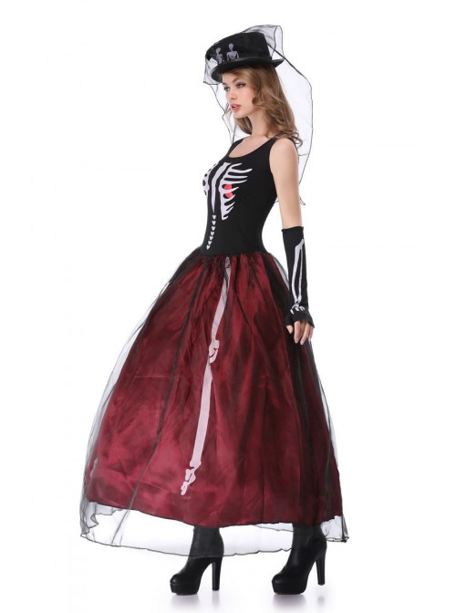 Black-red Sleeveless Skeleton Print High Waist Puffy Slim Long Dress Set Halloween Ghost Bride Witch Zombie Vampire Costume Female