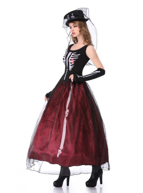 Black-red Sleeveless Skeleton Print High Waist Puffy Slim Long Dress Set Halloween Ghost Bride Witch Zombie Vampire Costume Female