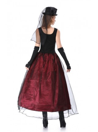 Black-red Sleeveless Skeleton Print High Waist Puffy Slim Long Dress Set Halloween Ghost Bride Witch Zombie Vampire Costume Female