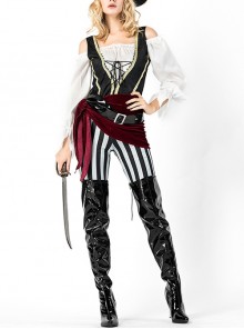 White Boat Collar Long Sleeve Top Black Vest Black-white Vertical Stripe Pants Set Halloween Pirate Warrior Knight Costume Female