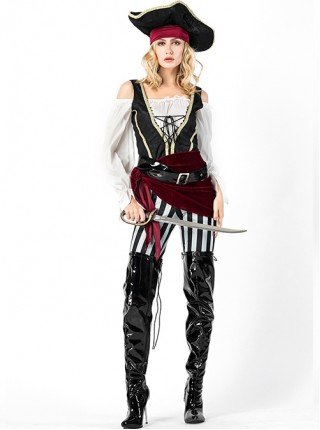 White Boat Collar Long Sleeve Top Black Vest Black-white Vertical Stripe Pants Set Halloween Pirate Warrior Knight Costume Female