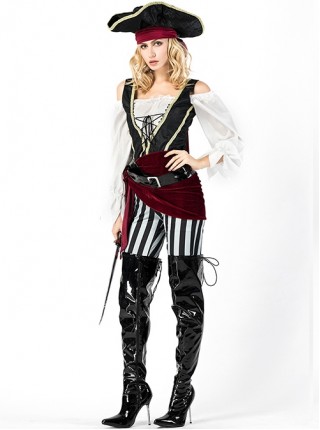 White Boat Collar Long Sleeve Top Black Vest Black-white Vertical Stripe Pants Set Halloween Pirate Warrior Knight Costume Female