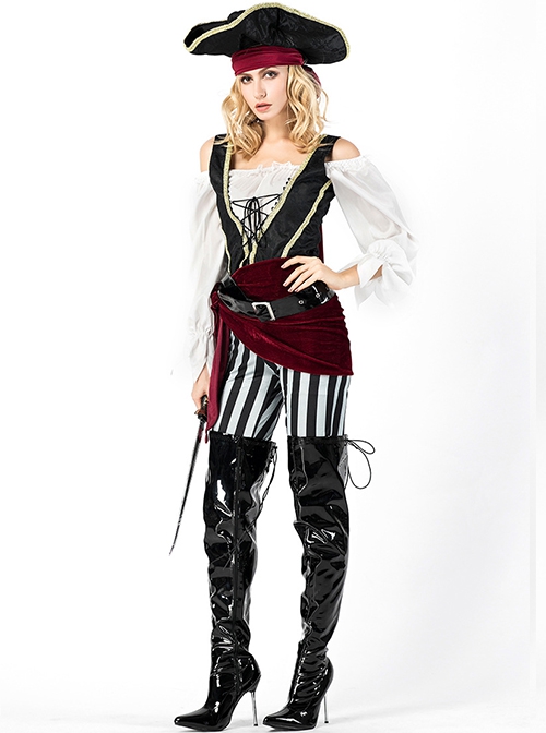 White Boat Collar Long Sleeve Top Black Vest Black-white Vertical Stripe Pants Set Halloween Pirate Warrior Knight Costume Female