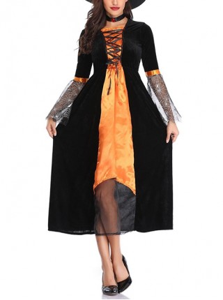 Black-orange Medium Sleeve Mesh Cuff Chest Drawstring Slim Long Dress Halloween Witch Magician Costume Female