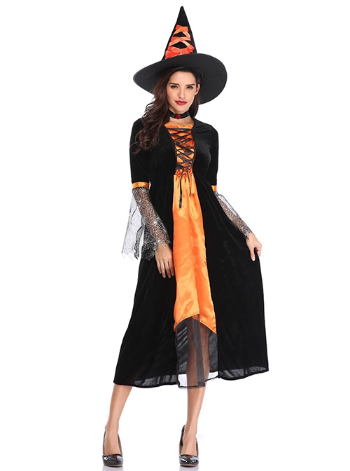 Black-orange Medium Sleeve Mesh Cuff Chest Drawstring Slim Long Dress Halloween Witch Magician Costume Female