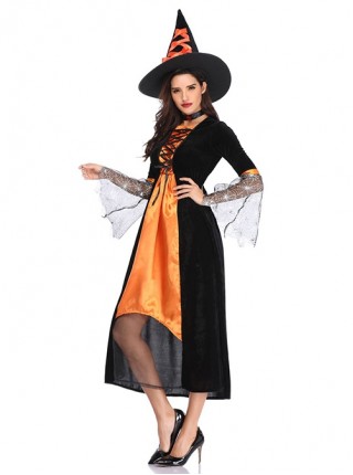 Black-orange Medium Sleeve Mesh Cuff Chest Drawstring Slim Long Dress Halloween Witch Magician Costume Female